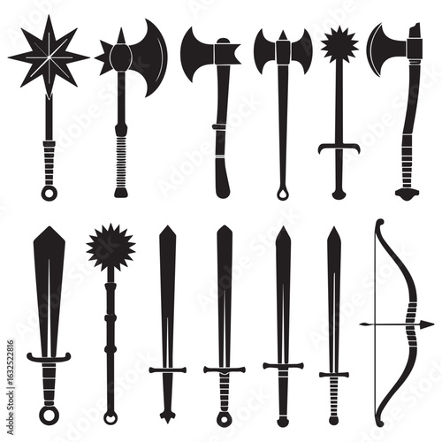 Collection of Medieval Weaponry Silhouettes for Fantasy Games and Historical Illustrations on White Background