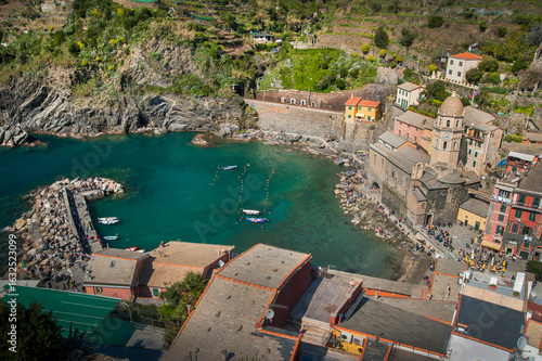 Mediterranean bay and rooftops in Vernazza, Cinque Terre, Liguria, Italy