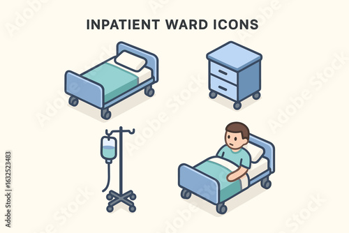 Inpatient Ward Icons – Hospital Room, Patient Care, and Medical Facility Vector Set