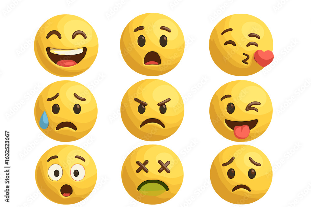 Fototapeta premium 3D Emoji Expressions – Emoticons, Facial Reactions, and Digital Stickers Vector Set