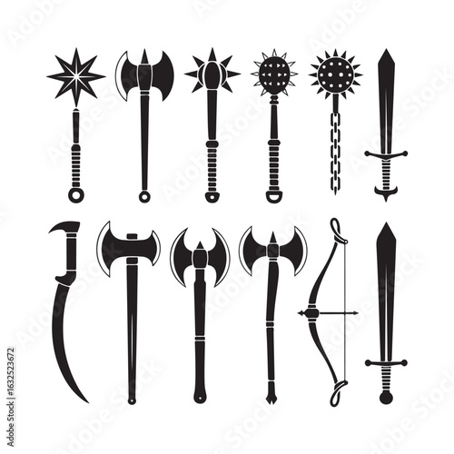 Collection of Medieval Weaponry Silhouettes Including Swords Axes Maces and Bow Perfect for Fantasy Illustrations and Historical Designs