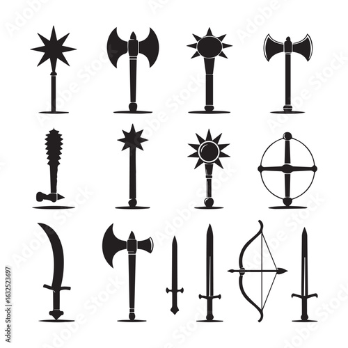 Collection of Medieval Weaponry Silhouettes Including Axes Maces Swords and Bows for Fantasy Game Design Elements