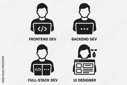 Software Roles Icons – Development, Design, and IT Team Responsibilities Vector Set