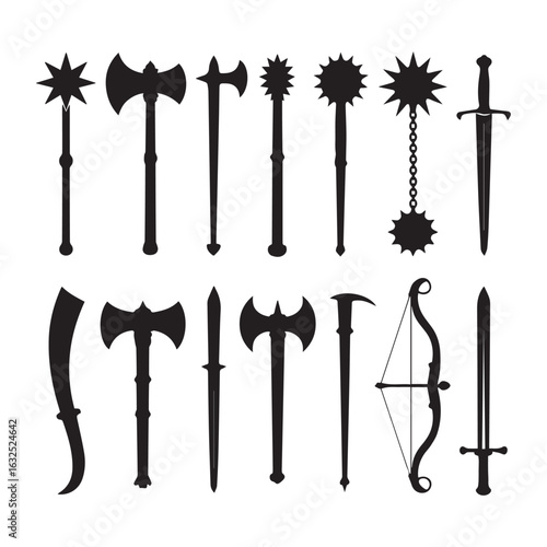 Collection of Medieval Weapons Silhouettes Including Swords Axes Mace and Bow for Historical Illustrations and Fantasy Designs