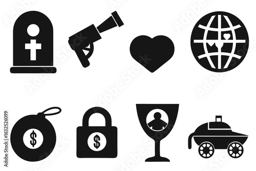 Black and white icon set tombstone cannon heart globe money bag lock goblet vehicle set of silhouettes