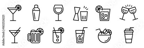 Minimalist vector line art icon set of various drinks: martini, cocktail shaker, wine glass, shot glass and jigger, highball, champagne glasses cheersing, beer mug, long drinks with garnishes, coconut
