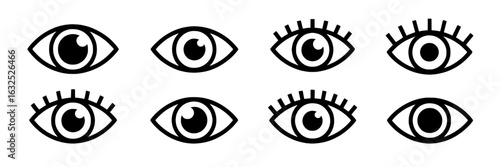 Set of eye icons. Simple black and white vector eye illustrations with and without eyelashes. Collection of line art eye symbols for vision, sight, observation concepts. Design elements.