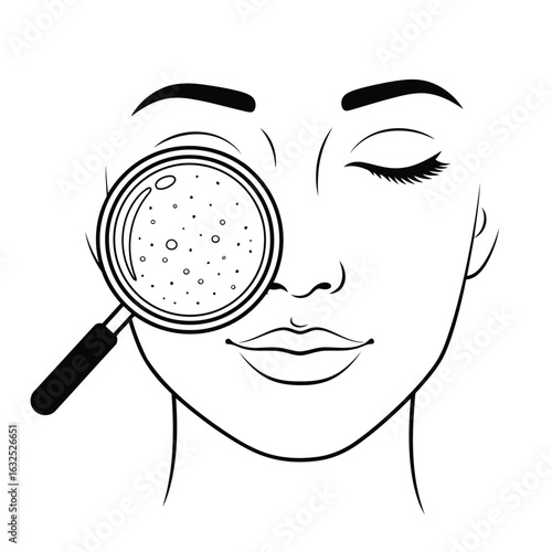 Vector illustration of closeup of skin pores under a magnifying glass, dermatology concept