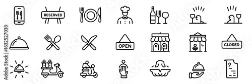 Restaurant and Food Delivery Line Icon Set: Chef, Open/Closed Signs, Food Platter, Scooter, Wine, Menu, Mobile Ordering, Cutlery, Cloche, Reserved Table, Restaurant Building. Vector outline icons for 