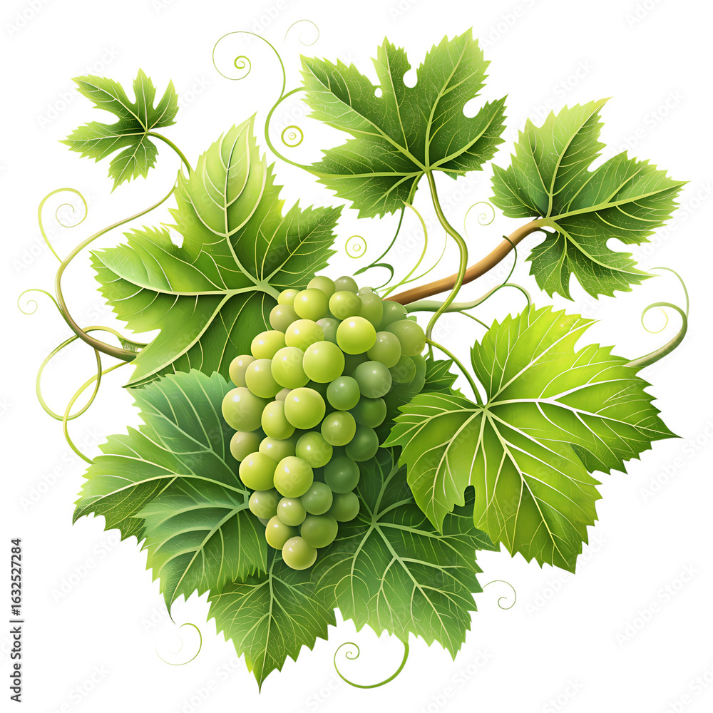 Obraz premium Green Grape Cluster with Leaves and Vines Elegant Illustration on Transparent Background