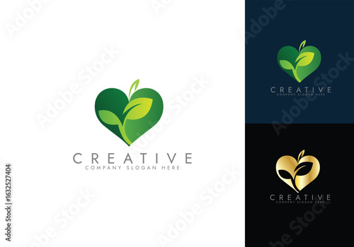 Eco Heart Logo,Heart with leaf logo. Green heart logo vector design