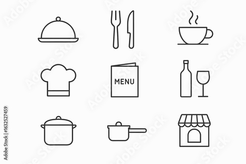 Restaurant and Food Line Icons – Minimalist Set of Kitchen and Dining Symbols