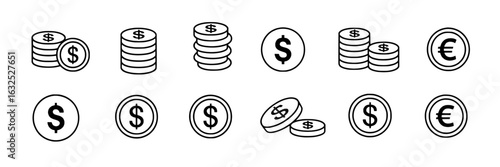 Money and currency icon set. Vector line art illustration collection of stacked dollar coins, single coins, euro coins and dollar signs. Simple black and white design elements for finance, banking con