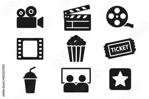 Cinema and Movie Icons Set – Film Reel, Popcorn, Ticket, Clapperboard