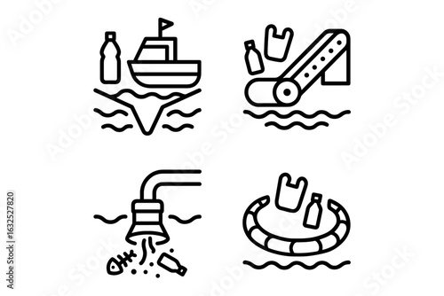Ocean Pollution Icons – Plastic Waste in Water, Environmental Damage