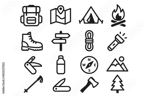 Camping and Hiking Icons Set – Outdoor Adventure and Survival Gear Symbols