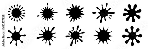 Black ink splatters, paint splashes, and blots. Vector illustration collection of monochrome drops, spots, and spills isolated on white. Design elements set for grunge, dirty, or messy effects.