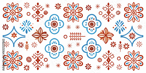 Floral folk art pattern design with flowers, stars, geometric shapes, and decorative elements in red and blue hues vector illustration