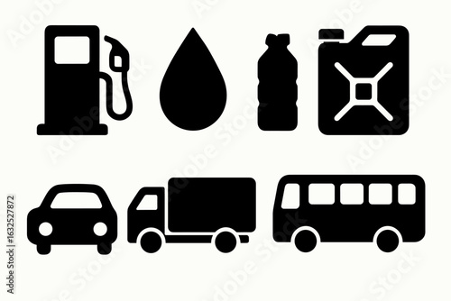 Fuel and Transportation Icons Set – Gas Station, Vehicles and Oil Symbols