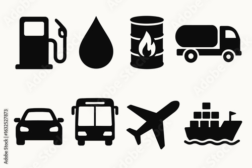 Fuel and Transportation Icons Set – Gas Station, Vehicles and Oil Symbols