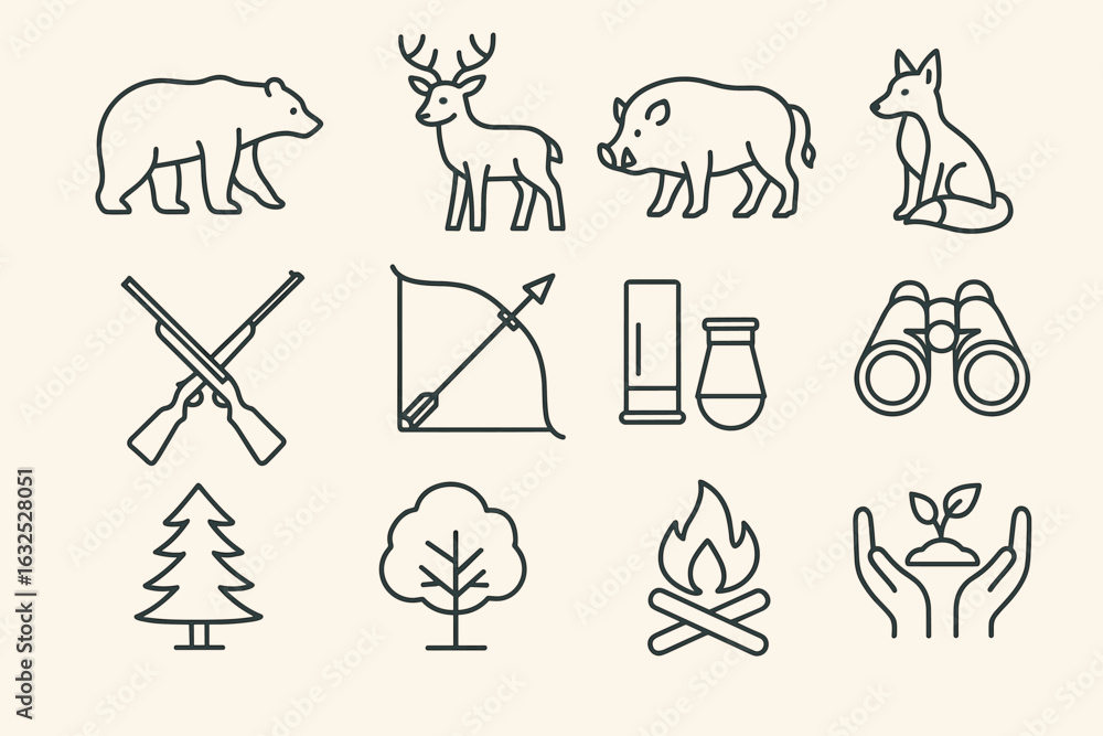 Fototapeta premium Hunting and Wildlife Icons Set – Animals, Targets and Nature Symbols