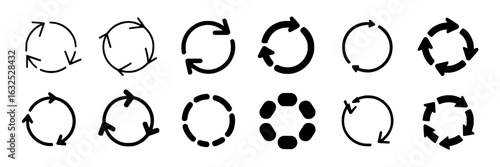 Circular arrow refresh, reload, rotate vector icon set. Hand-drawn, doodle, sketch, thin line, bold, dotted and solid circle arrow graphic collection in black and white. UI, web design elements, cycli