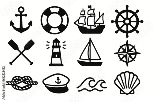 Nautical Icons Set – Maritime Symbols of Sea, Sailing and Navigation