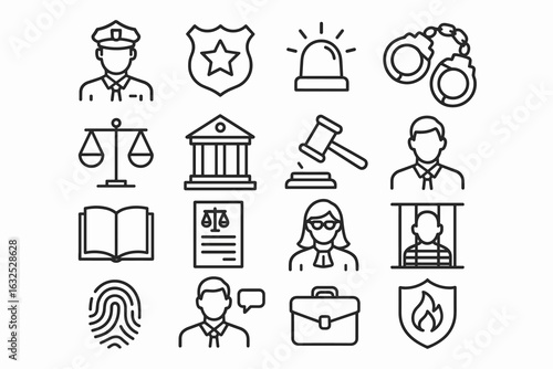 Law and Justice Icons Set – Police, Court and Legal System Symbols