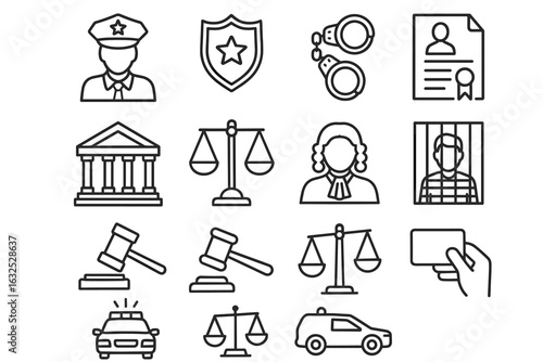 Law and Justice Icons Set – Police, Court and Legal System Symbols