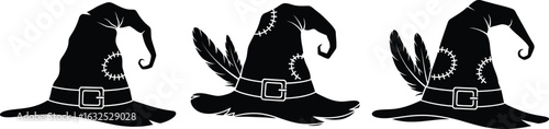Three black witch hats with feathers and buckles silhouette
