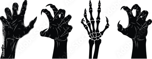 Four halloween monster hands and skeleton hand silhouette