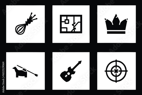 Black and white icons featuring a whisk a map a crown a sheep with a spear a guitar and a target vector