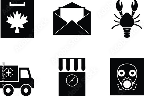 Black and white icons featuring maple leaf envelope lobster ambulance clock and gas mask set of silhouettes