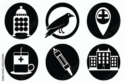 Black and white icons featuring medical symbols and buildings set of