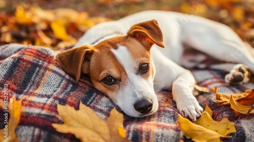 Jack Russell resting on a plaid blanket under autumn leaves, cozy and warm fall scene generative ai