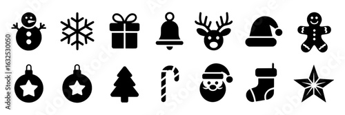 Christmas icon collection: snowman, snowflake, gift, bell, reindeer, Santa hat, gingerbread man, ornaments, tree, candy cane, Santa Claus, stocking, star. Vector silhouette icons, black and white holi