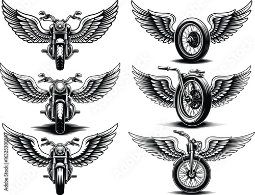 Vintage Winged Motorcycle and Tire Illustrations, Retro Biker Emblems & Logos.