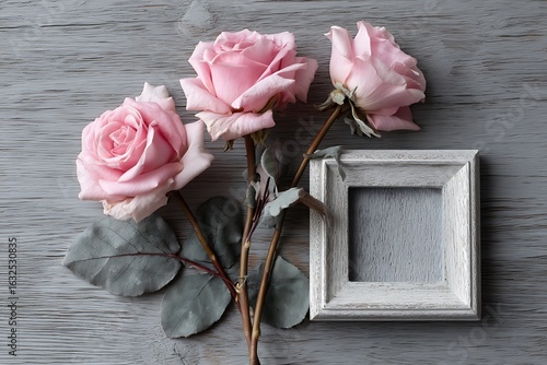Charming pink roses paired with an empty frame on rustic wood, ideal for adding personal touches or messages.
