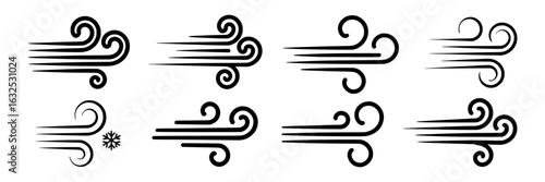 Wind and snowflake icon set. Collection of stylized air flow symbols with swirls and lines, black and white vector illustration, simple graphic, weather element, winter snowflake. Breeze, gust, blow, 