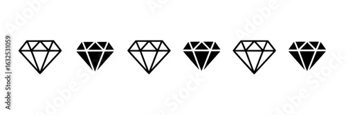 Diamond icon set. Collection of simple and solid black and white diamond illustrations. Vector graphic elements for jewelry, luxury, and quality design.