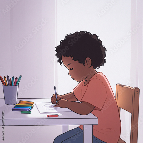 Vector of a boy drawing in a notebook with colored pencils