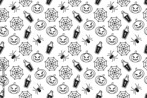 Spooky Halloween pattern with pumpkins, spiders, webs, and coffins Seamless pattern