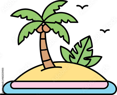 Colorful cartoon illustration of a desert island with a coconut palm tree.