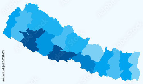 Map of Nepal with regions. Just a simple country border map with region division. Light blue color palette. Blank Nepal shape with administrative division. Vector illustration.