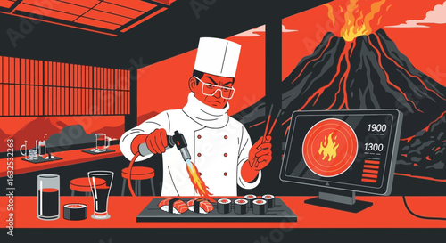 Sushi Chef Mastering High-Tech Torching Techniques In Front Volcano
