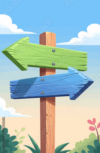 Wooden signpost with two colorful arrows green and blue with visible wood grain and metal screws.