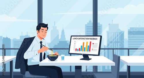 Satisfied Employee Enjoying Lunch While Reviewing Positive Feedback Data
