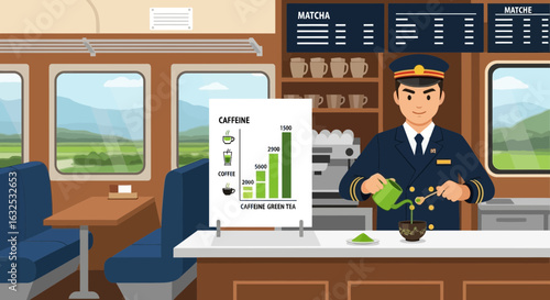 Train Barista Preparing Matcha Tea Demonstrating Caffeine Content Graph