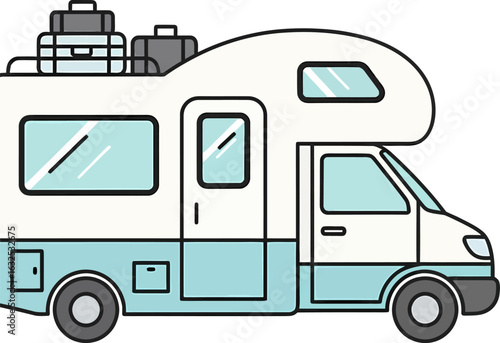 White and Light Blue Campervan with Luggage Rack and Suitcases.