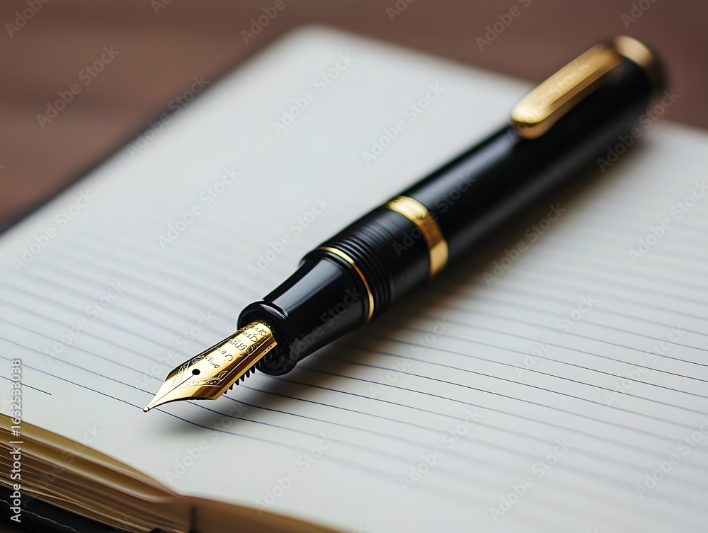 Elegant Luxury Fountain Pen on Leather Notebook: A Close-Up of Classic Style Stationery for Creative Writing & Professional Note-Taking Elegant Luxury Fountain Pen on Leather Notebook: A Close-Up of Classic Style Stationery for Creative Writing & Professional Note-Taking